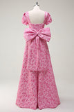 Fuchsia Square Neck A-Line Bow Floral Prom Dress with Slit