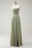 Dusty Sage A Line Satin Spaghetti Straps Long Bridesmaid Dress