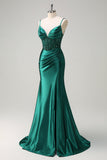 Sparkly Dark Green Mermaid Spaghetti Straps Corset Beaded Prom Dress with Slit