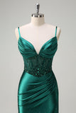 Sparkly Dark Green Mermaid Spaghetti Straps Corset Beaded Prom Dress with Slit