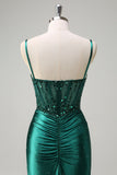 Sparkly Dark Green Mermaid Spaghetti Straps Corset Beaded Prom Dress with Slit