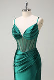 Sparkly Dark Green Mermaid Spaghetti Straps Corset Beaded Long Prom Dress with Slit