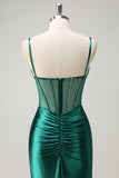 Sparkly Dark Green Mermaid Spaghetti Straps Corset Beaded Long Prom Dress with Slit