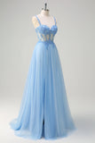 Sparkly Blue A-Line Sheer Corset Lace Up Back Long Prom Dress with Slit