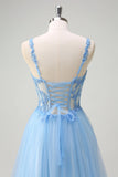 Sparkly Blue A-Line Sheer Corset Lace Up Back Long Prom Dress with Slit