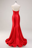 Red Mermaid Strapless Cut Out Ruched Long Prom Dress with Bows