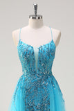 Sparkly Blue Spaghetti Straps Sequin Long Prom Dress with Side Cape