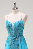 Sparkly Blue Spaghetti Straps Sequin Long Prom Dress with Side Cape