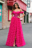 Fuchsia Tiered A-Line Off the Shoulder Long Corset Prom Dress with Beading