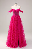 Fuchsia Tiered A-Line Off the Shoulder Long Corset Prom Dress with Beading