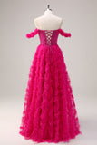 Fuchsia Tiered A-Line Off the Shoulder Long Corset Prom Dress with Beading