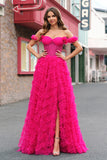 Fuchsia Tiered A-Line Off the Shoulder Long Corset Prom Dress with Beading