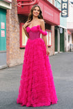 Fuchsia Tiered A-Line Off the Shoulder Long Corset Prom Dress with Beading