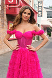 Fuchsia Tiered A-Line Off the Shoulder Long Corset Prom Dress with Beading