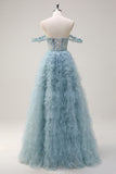 Dusty Blue Princess Off the Shoulder Sheer Corset Long Prom Dress with Ruffles