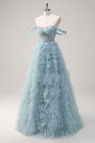 Dusty Blue Princess Off the Shoulder Sheer Corset Long Prom Dress with Ruffles