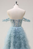 Dusty Blue Princess Off the Shoulder Sheer Corset Long Prom Dress with Ruffles