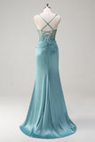 Sparkly Blue Mermaid Corset Prom Dress with Slit