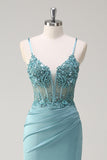 Sparkly Blue Mermaid Corset Prom Dress with Slit