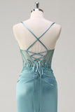 Sparkly Blue Mermaid Corset Prom Dress with Slit