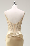 Sparkly Mermaid Spaghetti Straps Golden Corset Long Prom Dress with Slit