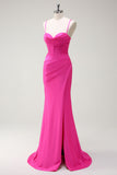 Fuchsia Spaghetti Straps Mermaid Long Prom Dress with Slit