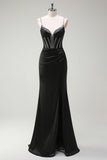 Black Mermaid Spaghetti Straps Corset Long Prom Dress With Slit