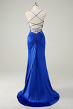 Royal Blue Mermaid Corset Spaghetti Straps Appliqued Long Prom Dress