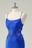 Royal Blue Mermaid Corset Spaghetti Straps Appliqued Long Prom Dress