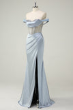 Dusty Blue Mermaid Corset Off The Shoulder Long Prom Dress With Slit