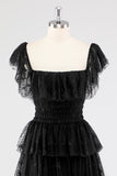 A Line Black Square Neck Tiered Formal Dress