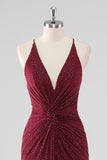 Burgundy Sheath V-Neck Pleated Beaded Backless Long Formal Dress with Slit