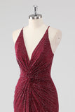 Burgundy Sheath V-Neck Pleated Beaded Backless Long Formal Dress with Slit