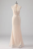 Halter Cream Mermaid Cut Out Long Formal Dress