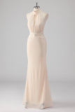 Halter Cream Mermaid Cut Out Long Formal Dress