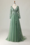 Sage V-neck Applique A-Line Prom Dress