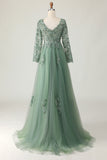 Sage V-neck Applique A-Line Prom Dress