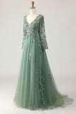 Sage V-neck Applique A-Line Prom Dress