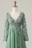 Sage V-neck Applique A-Line Prom Dress