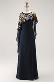 Navy Sheath Appliqued Mother Of The Bride Dress With Shawl