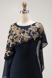 Navy Sheath Appliqued Mother Of The Bride Dress With Shawl