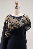 Navy Sheath Appliqued Mother Of The Bride Dress With Shawl