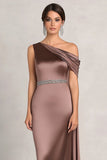 One Shoulder Sheath Beaded Taupe Satin Long Choir Dress