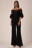 Black Off the Shoulder Half Sleeves Chiffon Long Jumpsuits