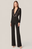 Black Deep V-neck Long Sleeves Satin Long Formal Jumpsuits