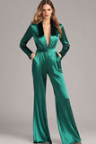 Dark Green Satin Shawl Lapel Long Sleeves Formal Jumpsuits