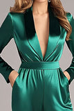 Dark Green Satin Shawl Lapel Long Sleeves Formal Jumpsuits