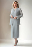 Light Grey Sheath Round Neck 2 Piece Mother of The Bride Dress