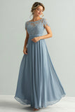 Lace A Line Dusty Blue Chiffon Round Neck Short Sleeves Mother of The Bride Dress