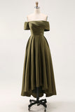 Off the Shoulder Olive A-Line Ruched Satin Ankle Length Mother of the Bride Dress